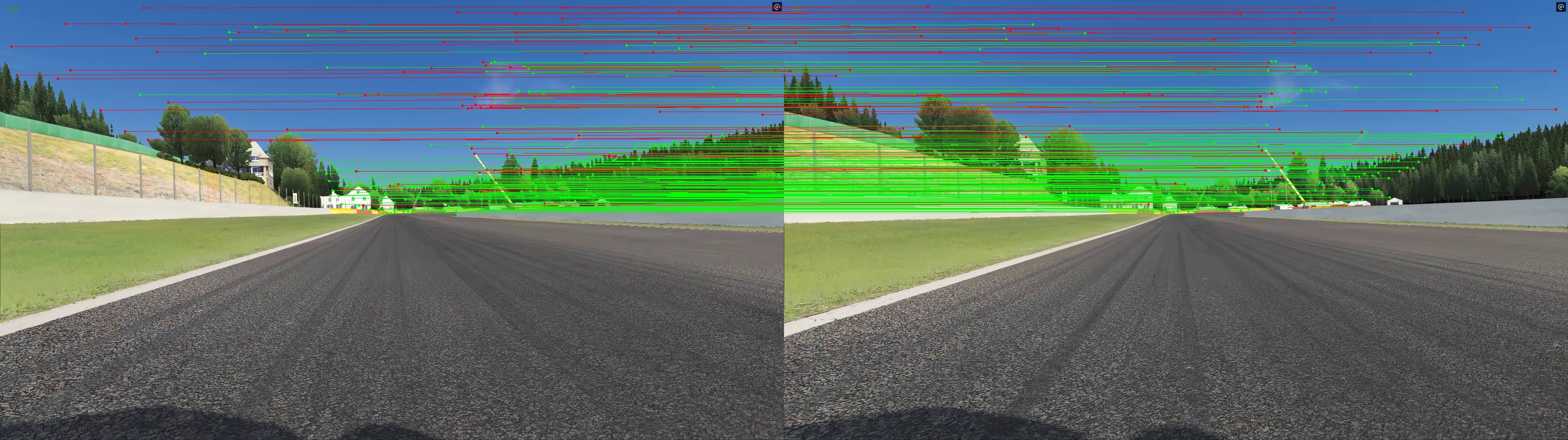 Two synchronized onboard-camera frames from the Assetto Corsa simulator, connected by green and red lines marking matched features between them.